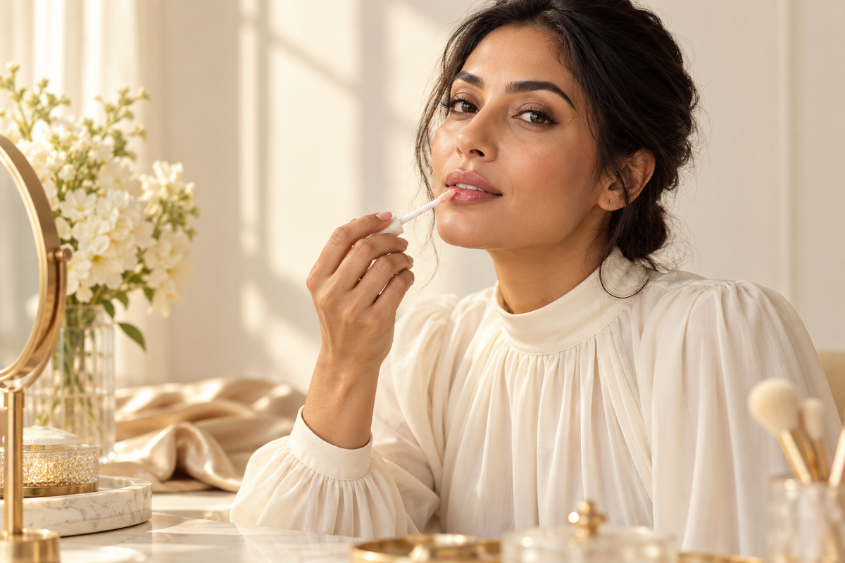 Editorial illustration of a woman in an ivory blouse applying lip gloss at a sunlit vanity with a gold mirror, white flowers and champagne satin.