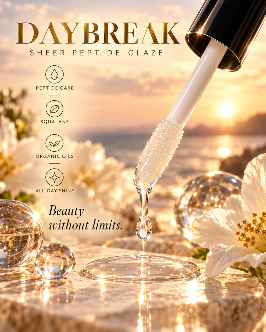 Daybreak clear Peptide Lip Glaze applicator editorial with glossy black cap, peptide care, squalane, organic oils, all-day shine, and Beauty Without Limits messaging.