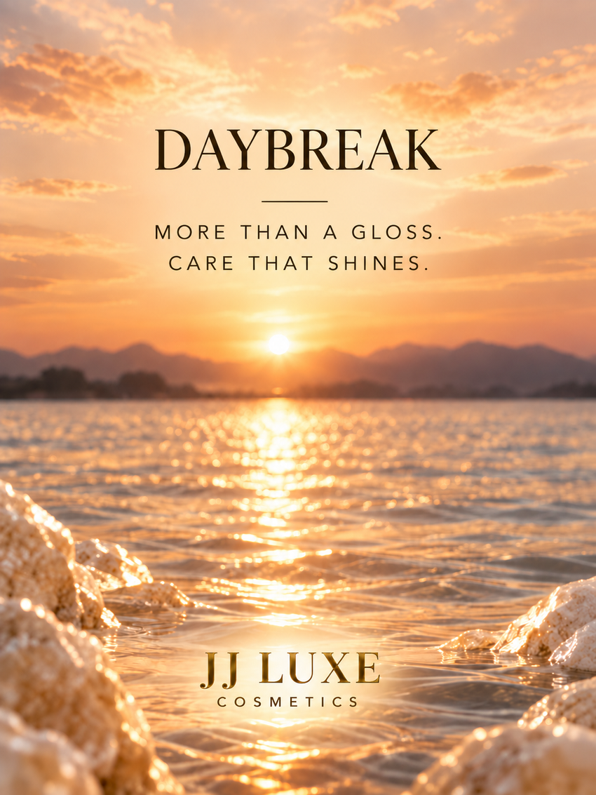 JJ Luxe Cosmetics Daybreak closing editorial over golden water with centered Daybreak title, More Than a Gloss, Care That Shines, and reflective gold JJ Luxe Cosmetics branding.