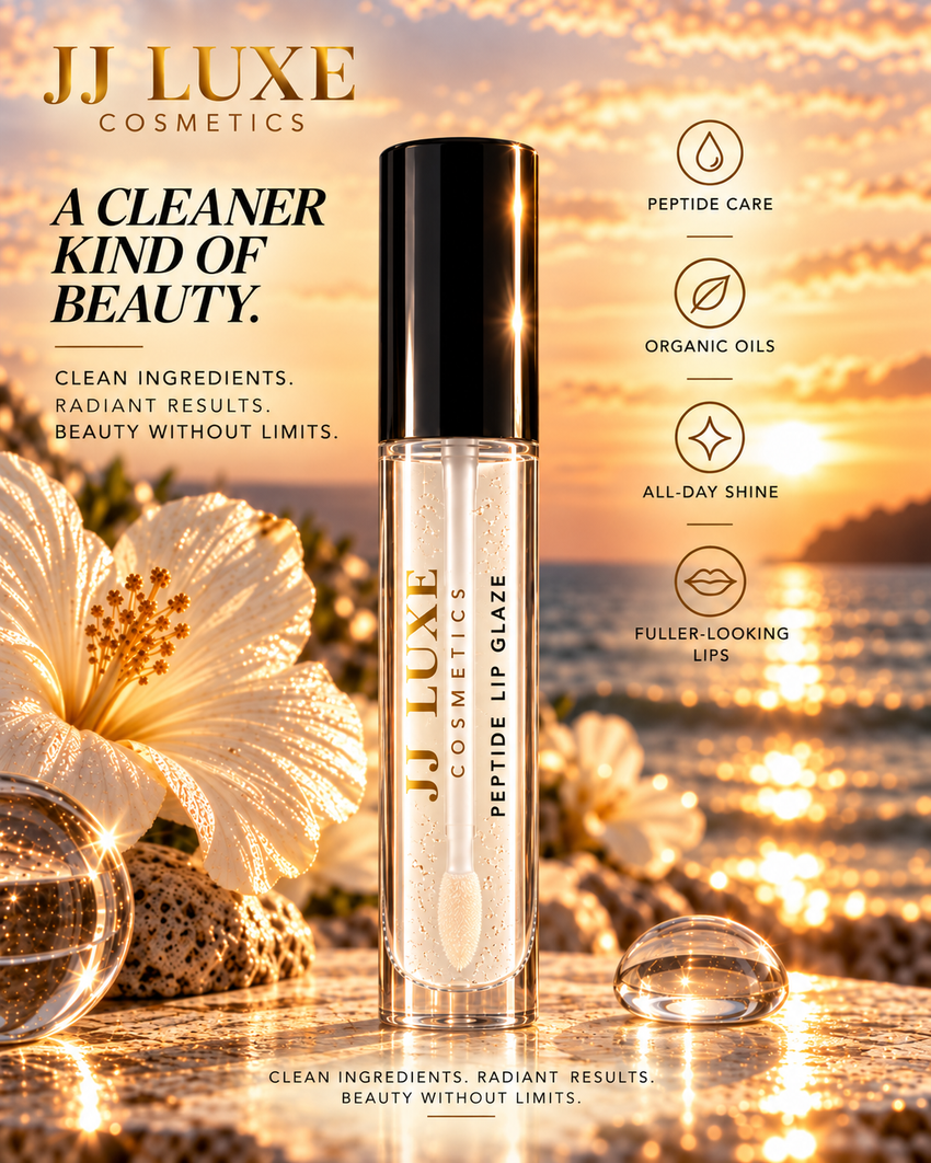 JJ Luxe Cosmetics Daybreak A Cleaner Kind of Beauty editorial with glossy black cap, reflective gold JJ Luxe Cosmetics branding, black Peptide Lip Glaze lettering, peptide care, organic oils, all-day shine, and fuller-looking lips.