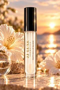 JJ Luxe Cosmetics Daybreak clear Peptide Lip Glaze packaging-style image with glossy black cap, reflective gold JJ Luxe Cosmetics branding, black Peptide Lip Glaze lettering, and visible doe-foot applicator inside the clear tube.