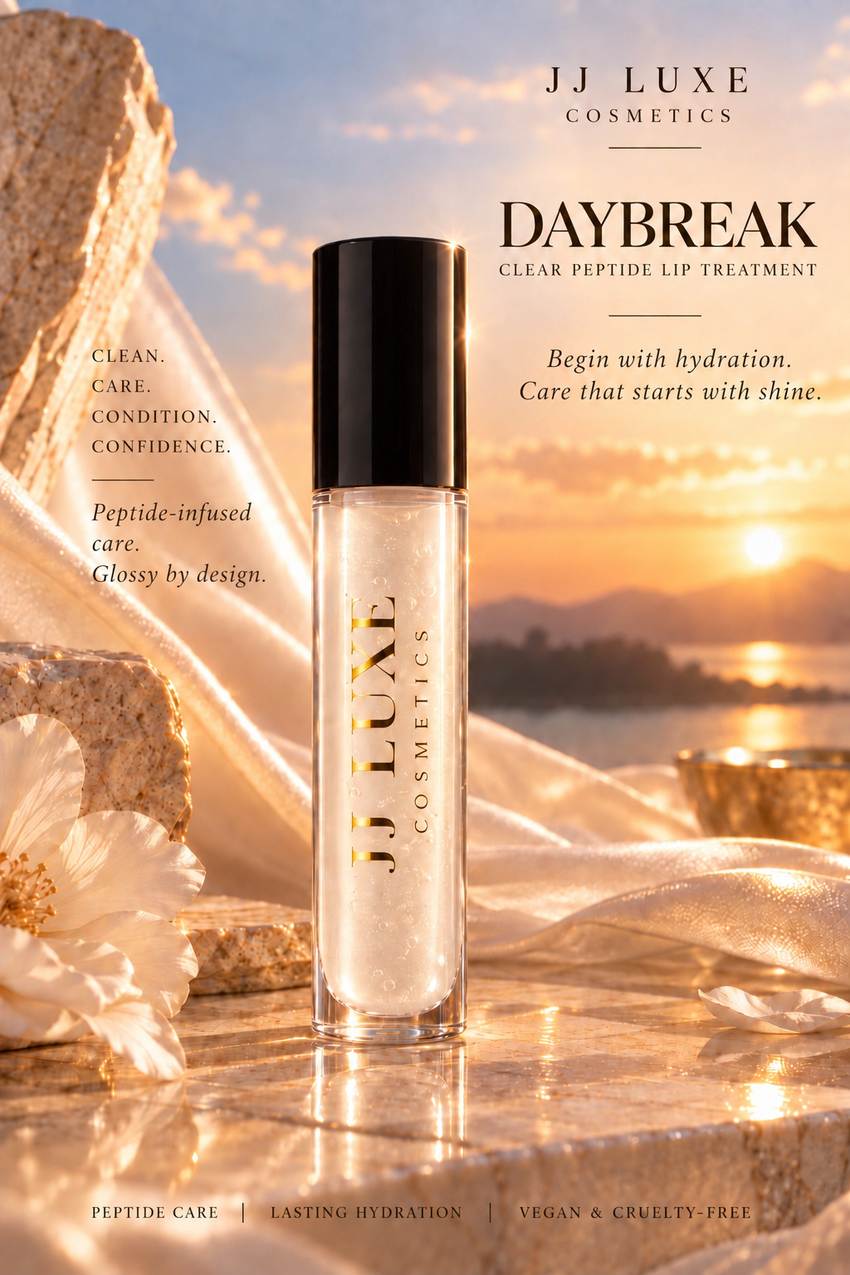 Daybreak Clear Peptide Lip Treatment hero with glossy black cap, reflective gold JJ Luxe Cosmetics logo, and peptide-infused care messaging