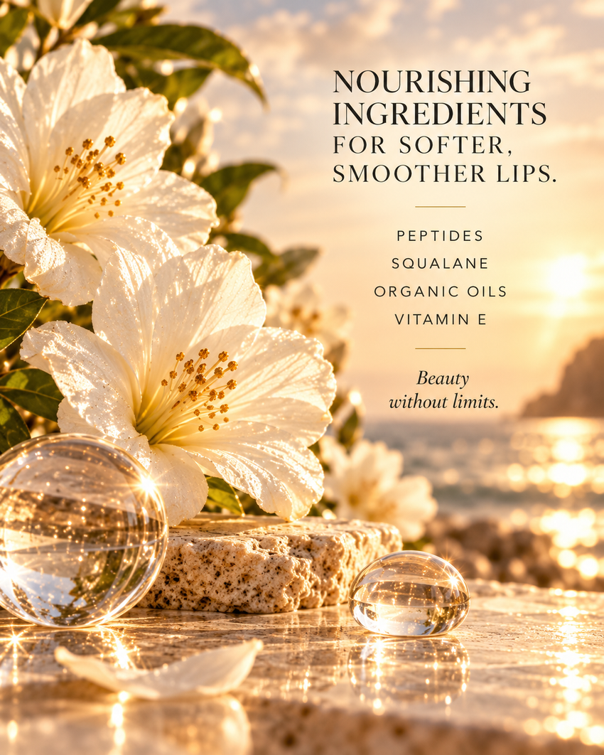 Daybreak nourishing ingredients editorial with white flowers, peptides, squalane, organic oils, vitamin E, and Beauty Without Limits messaging.