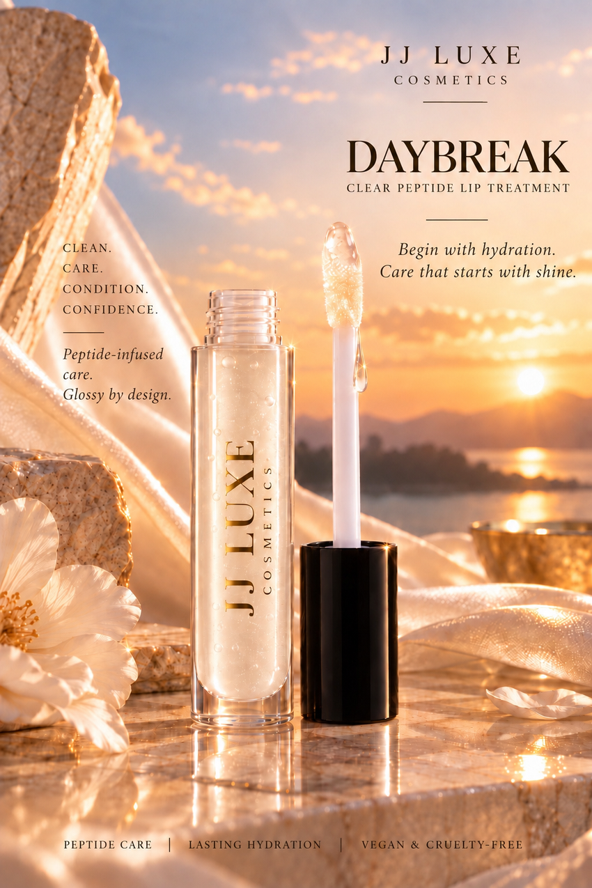 Daybreak Clear Peptide Lip Treatment open tube with glossy doe-foot applicator, black cap, and peptide-infused care messaging