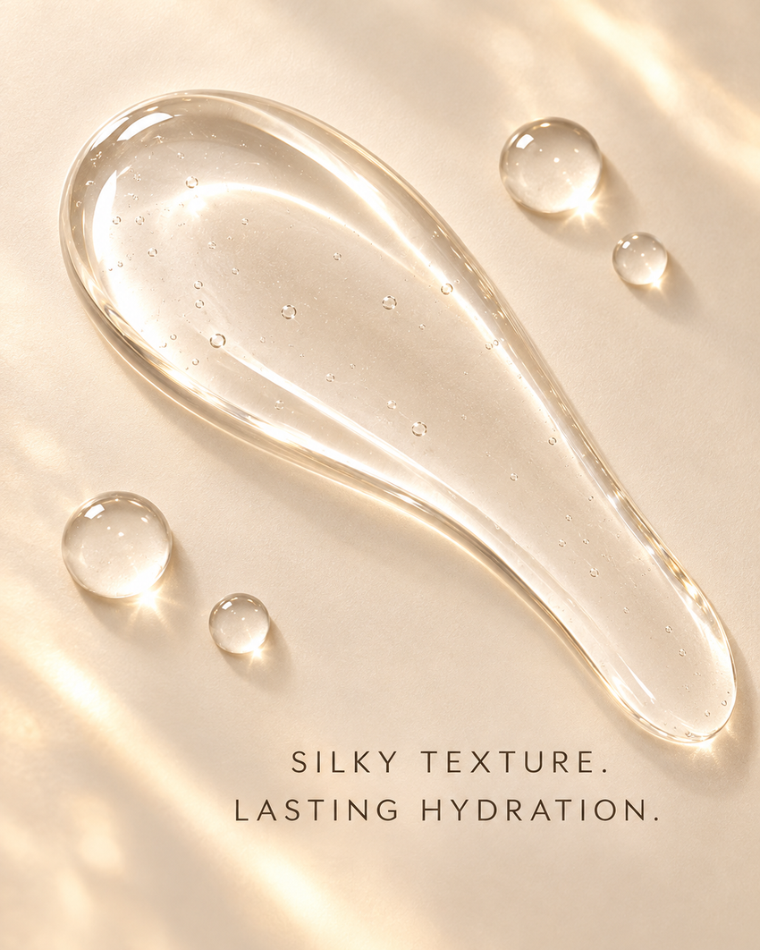 Daybreak clear Peptide Lip Glaze silky texture swatch with soft glossy droplets and lasting hydration messaging.