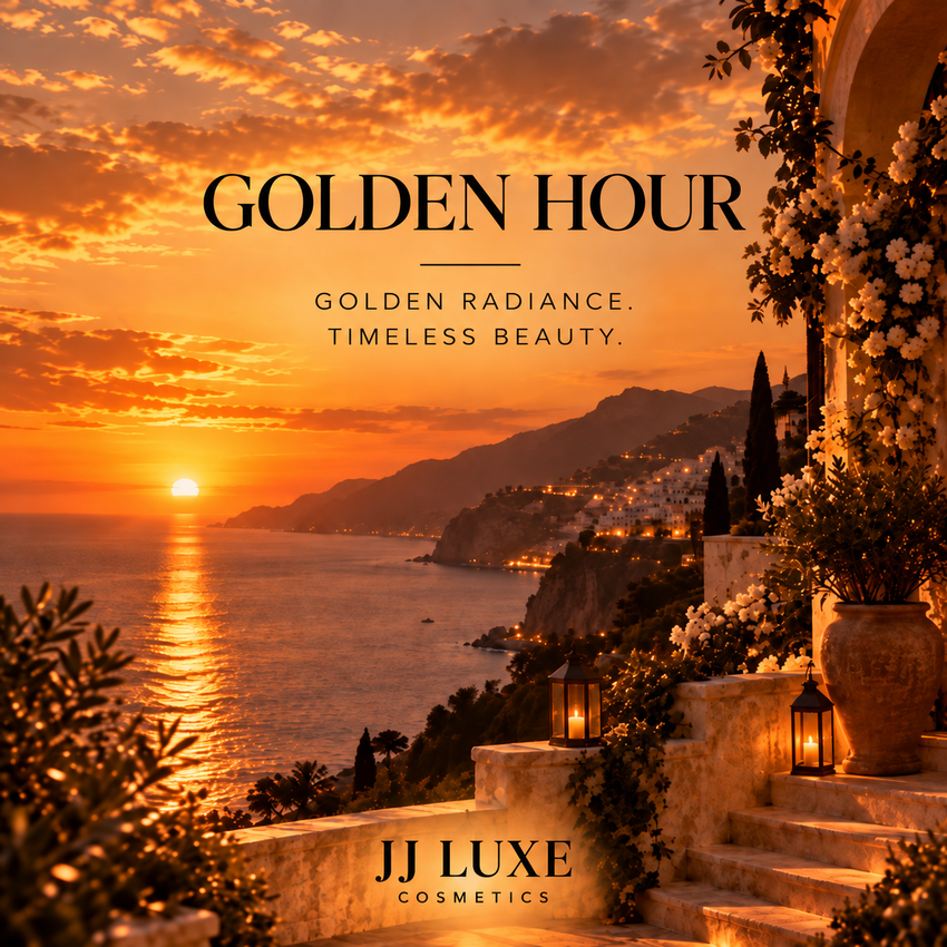Golden Hour Sundown scenic finale with a glowing Mediterranean coastal sunset, a floral stone terrace, lanterns, an orange-gold sea and distant hillside villas. Text reads: Golden Hour. Golden Radiance. Timeless Beauty. JJ Luxe Cosmetics.