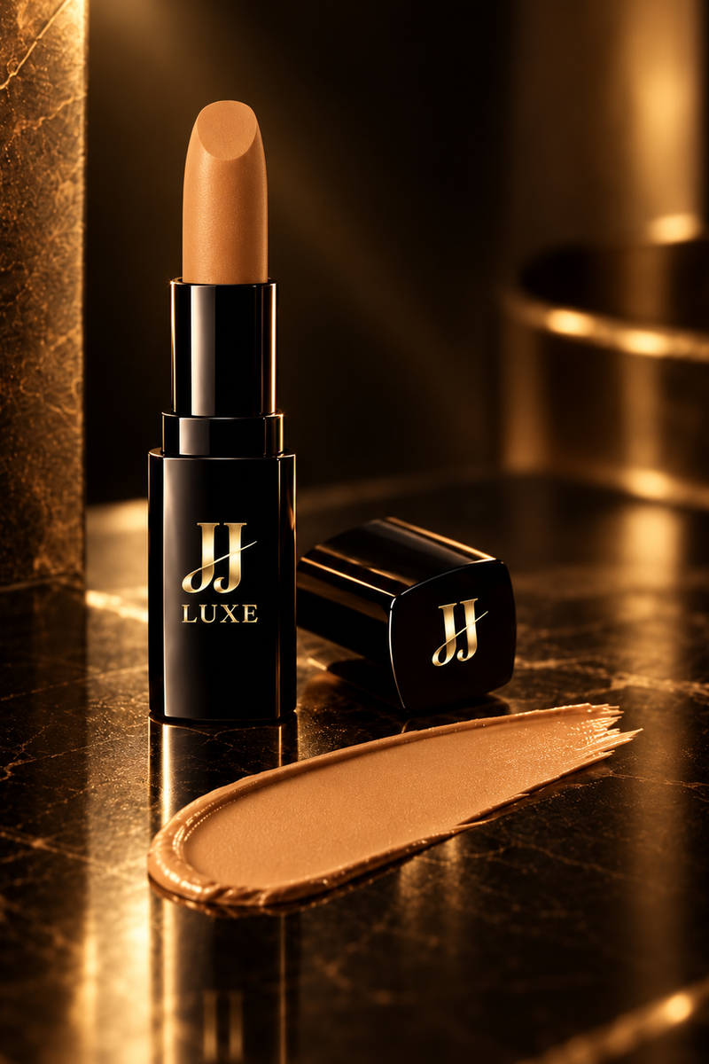 Golden Hour Sundown Matte Lipstick by JJ Luxe Beauty Co. in glossy black and reflective gold packaging with a golden nude-yellow lipstick bullet and matching swatch in a warm golden editorial setting.