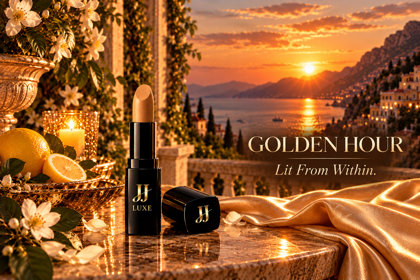 JJ Luxe Cosmetics Golden Hour nude-yellow matte lipstick with a rounded oval half-moon bullet in sleek black packaging and gold JJ Luxe branding, with its matching square cap beside it. Styled with champagne-gold satin, lemons, white blossoms and candlelight on a marble terrace overlooking the Mediterranean coast at sunset. Text reads: Golden Hour. Lit From Within.