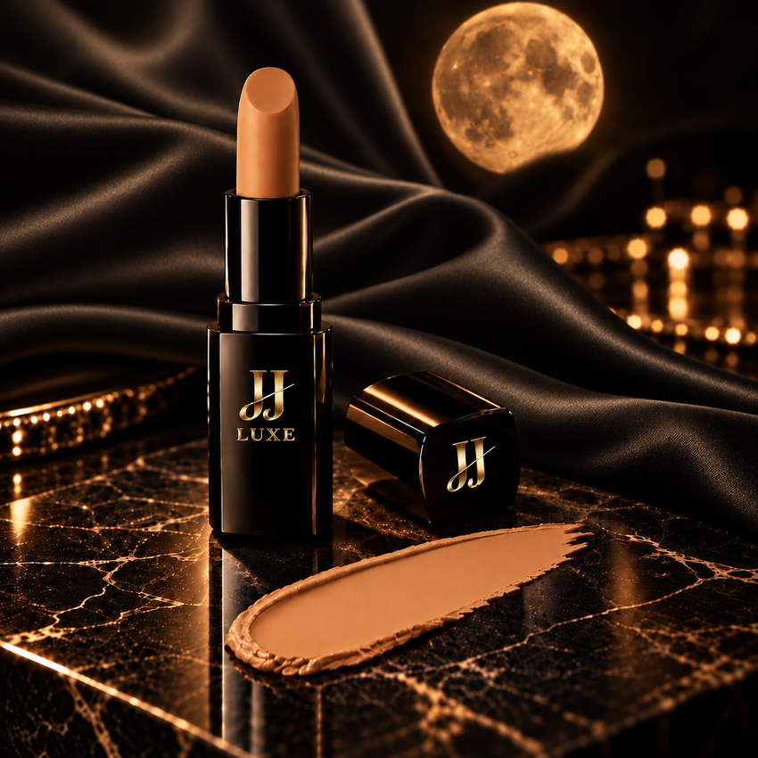 Golden Hour Sundown Matte Lipstick by JJ Luxe Beauty Co. in glossy black and reflective gold packaging, paired with a golden nude-yellow swatch, softly draped black satin, and a warm golden moon in a luxe nighttime editorial setting.