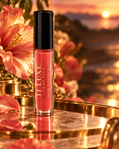 Heatwave Sheer Peptide Glaze by JJ Luxe Cosmetics, gold vertical branding on its coral tube beside hibiscus flowers and a glowing sunset.