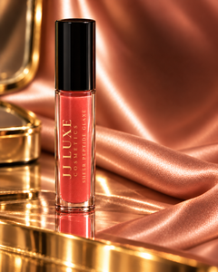 Heatwave Sheer Peptide Glaze by JJ Luxe Cosmetics with gold vertical tube branding, displayed against luminous copper-rose satin and gold accents.