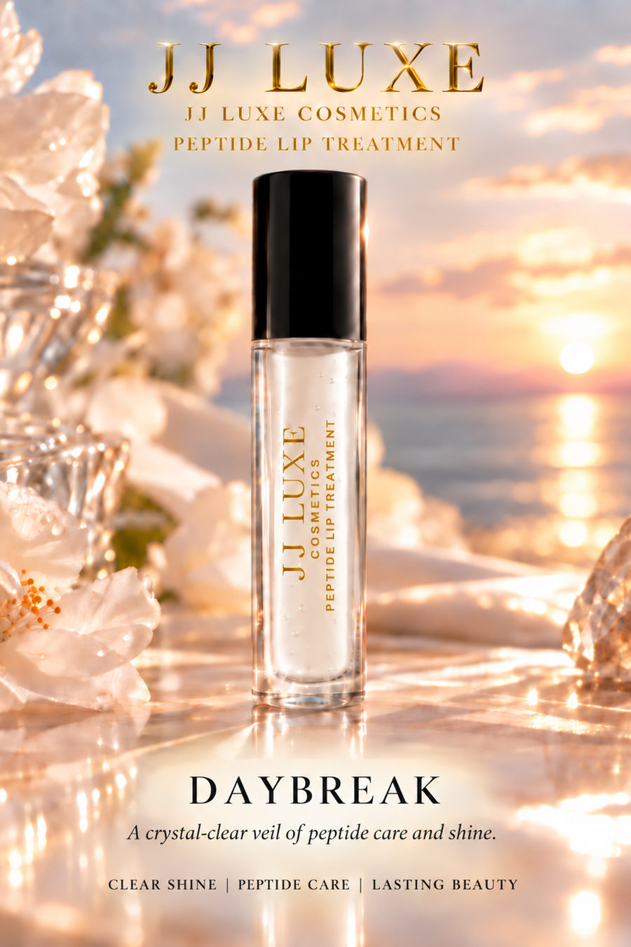 Daybreak clear Peptide Lip Treatment hero, approved sunrise scene, black cap, crystal-clear formula, and centered reflective-gold JJ Luxe Cosmetics tube label