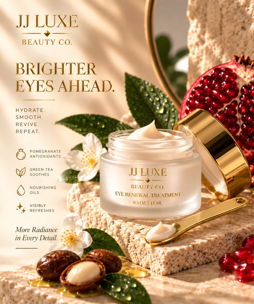 JJ Luxe Eye Renewal Treatment editorial image with gold branding and botanical styling