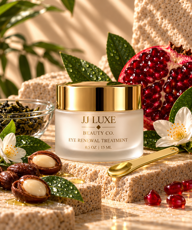 JJ Luxe Beauty Co. Eye Renewal Treatment 0.5 oz frosted glass jar with reflective gold lid, plain gold spoon spatula, pomegranate, green tea, botanical oils and white blossoms