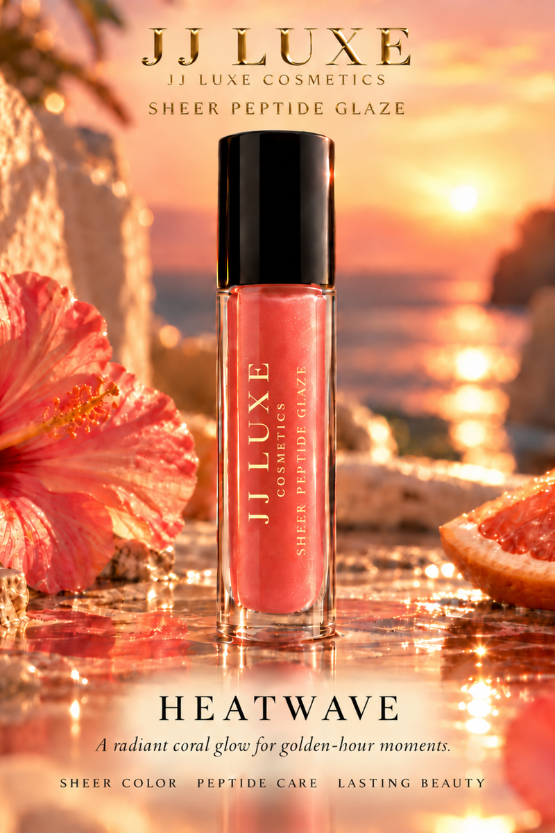 JJ Luxe Cosmetics Heatwave approved hero, coral sheer peptide glaze with reflective gold branding on the tube and luminous tropical sunset background