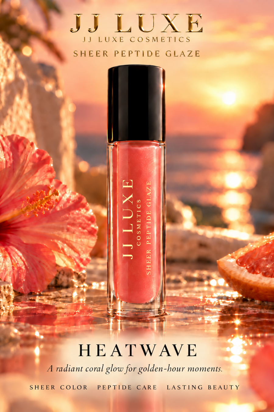 JJ Luxe Cosmetics Heatwave approved hero, coral sheer peptide glaze with reflective gold branding on the tube and luminous tropical sunset background