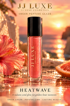 JJ Luxe Cosmetics Heatwave approved hero, coral sheer peptide glaze with reflective gold branding on the tube and luminous tropical sunset background
