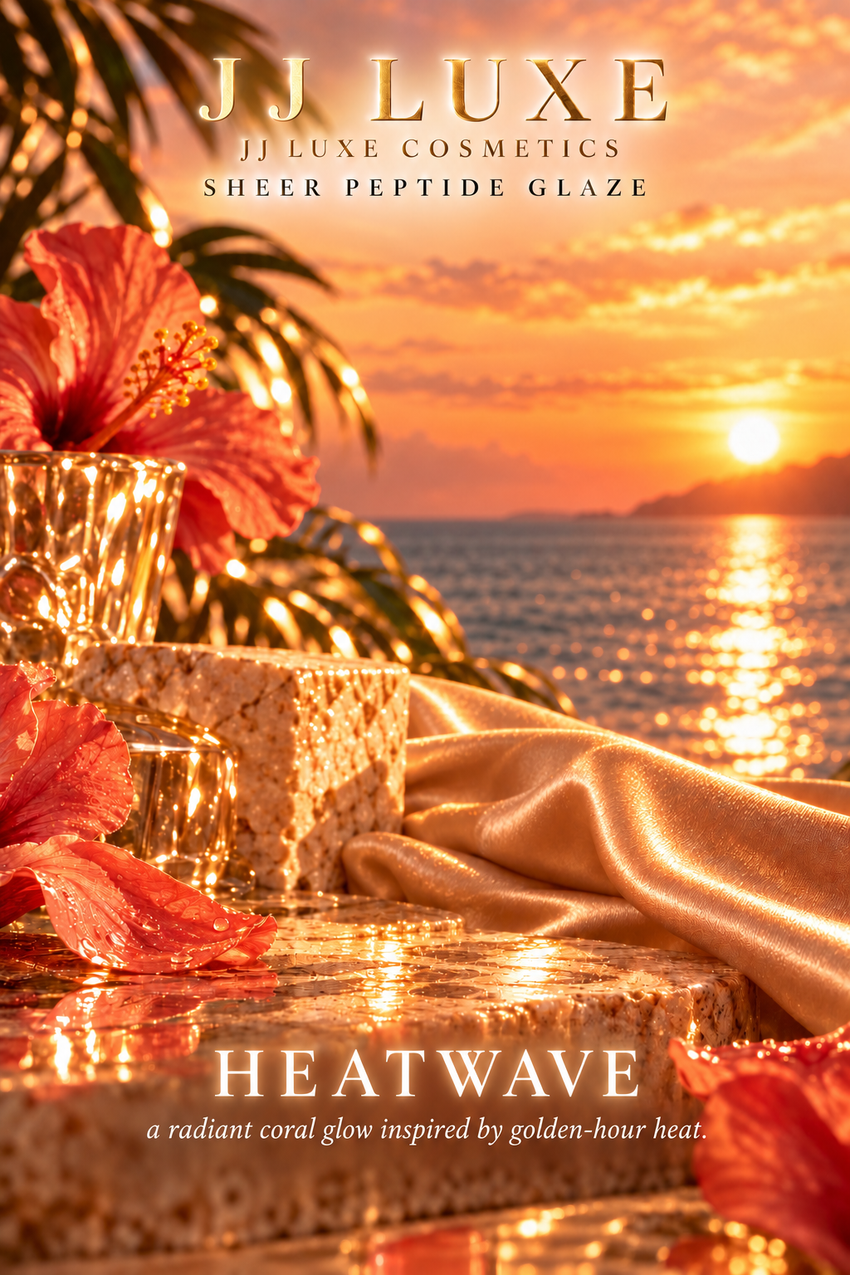 JJ Luxe Cosmetics Heatwave scenic closing image with a radiant coral and golden sunset over the sea, hibiscus flowers, tropical foliage, crystal, champagne satin, and Heatwave title.