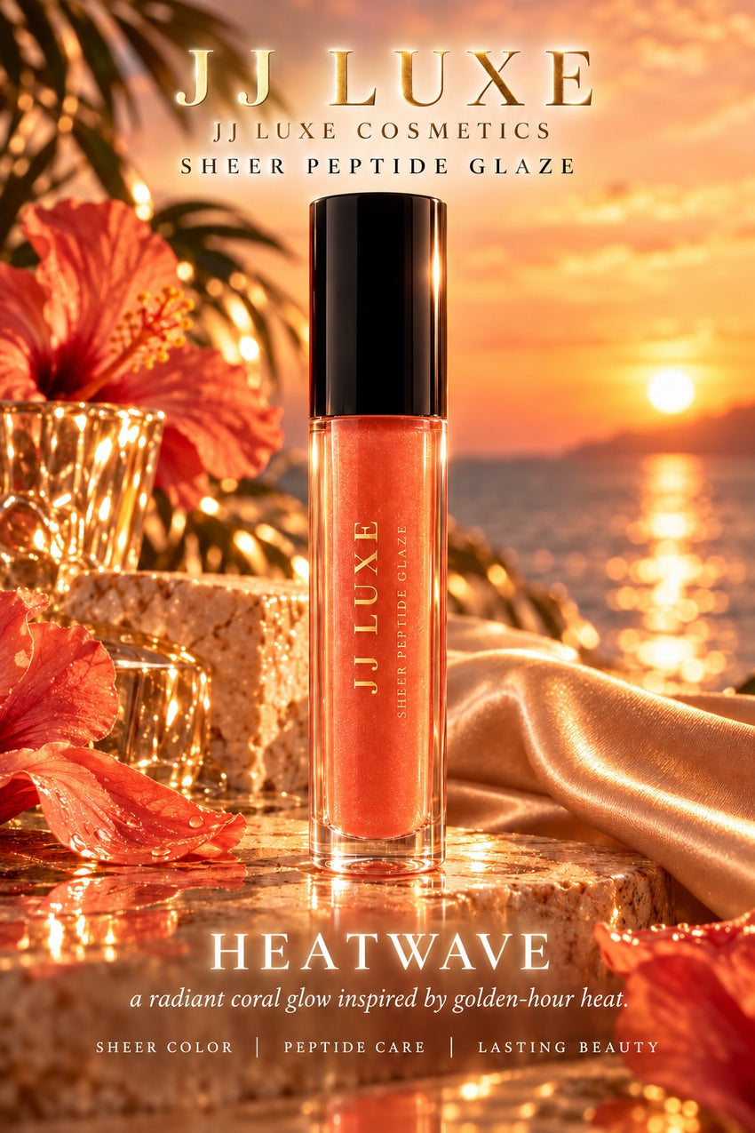 JJ Luxe Cosmetics Heatwave sheer coral peptide lip glaze in a golden seaside sunset scene with hibiscus flowers, champagne satin, crystal accents and softly glowing campaign lettering.