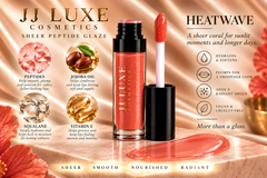 JJ Luxe Cosmetics Heatwave Sheer Peptide Glaze benefits editorial with glossy sheer coral swatch, peptides, jojoba oil, squalane, vitamin E and hydration benefits