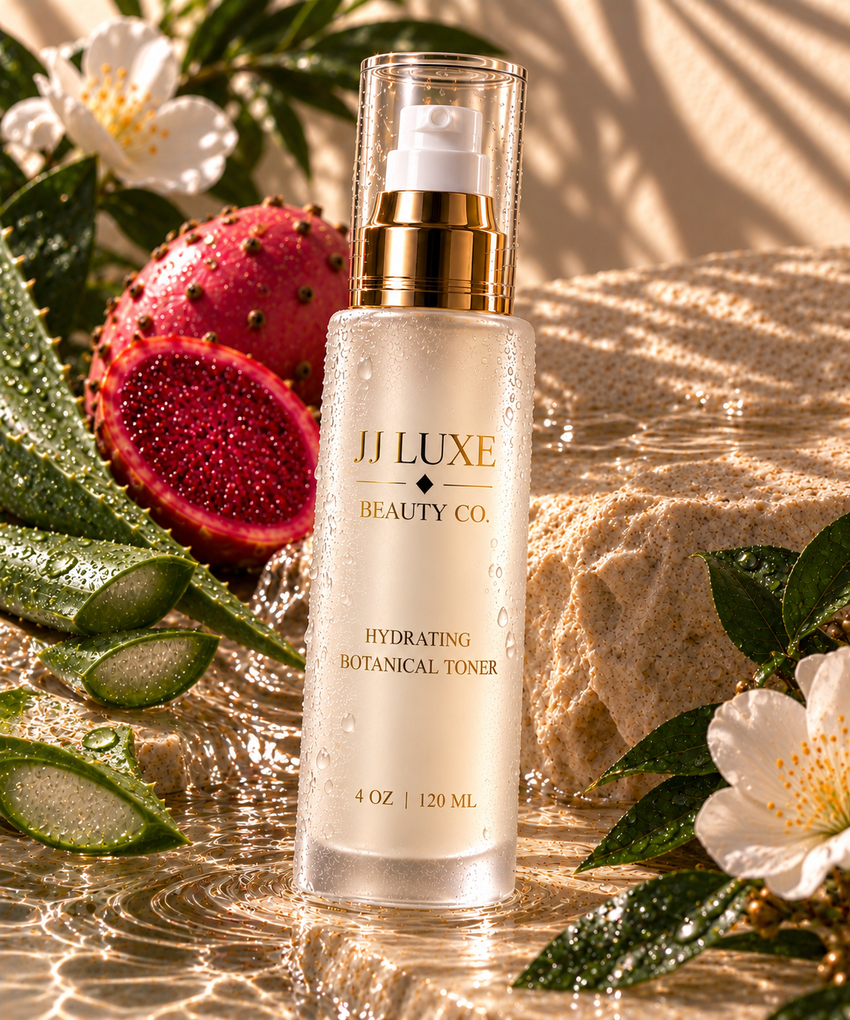 JJ Luxe Beauty Co. Hydrating Botanical Toner 4 oz frosted glass bottle with reflective gold branding, prickly pear, aloe vera, white blossoms and rippling water