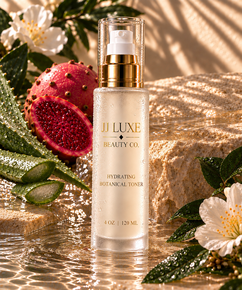 JJ Luxe Beauty Co. Hydrating Botanical Toner 4 oz frosted glass pump bottle standing in rippling water with aloe vera, juicy prickly pear and botanical accents