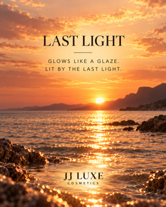 Last Light Sundown Afterglow scenic editorial with golden sunset over water — JJ Luxe Cosmetics
