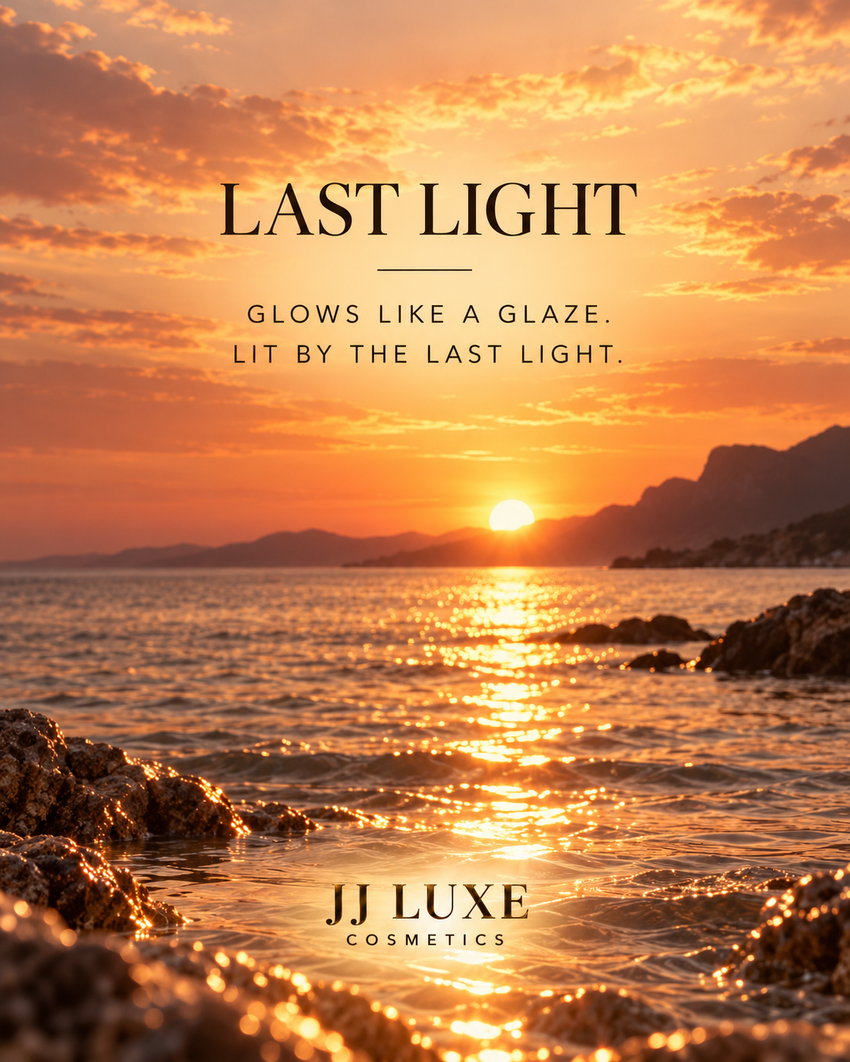 Last Light Sundown Afterglow scenic editorial with golden sunset over water — JJ Luxe Cosmetics