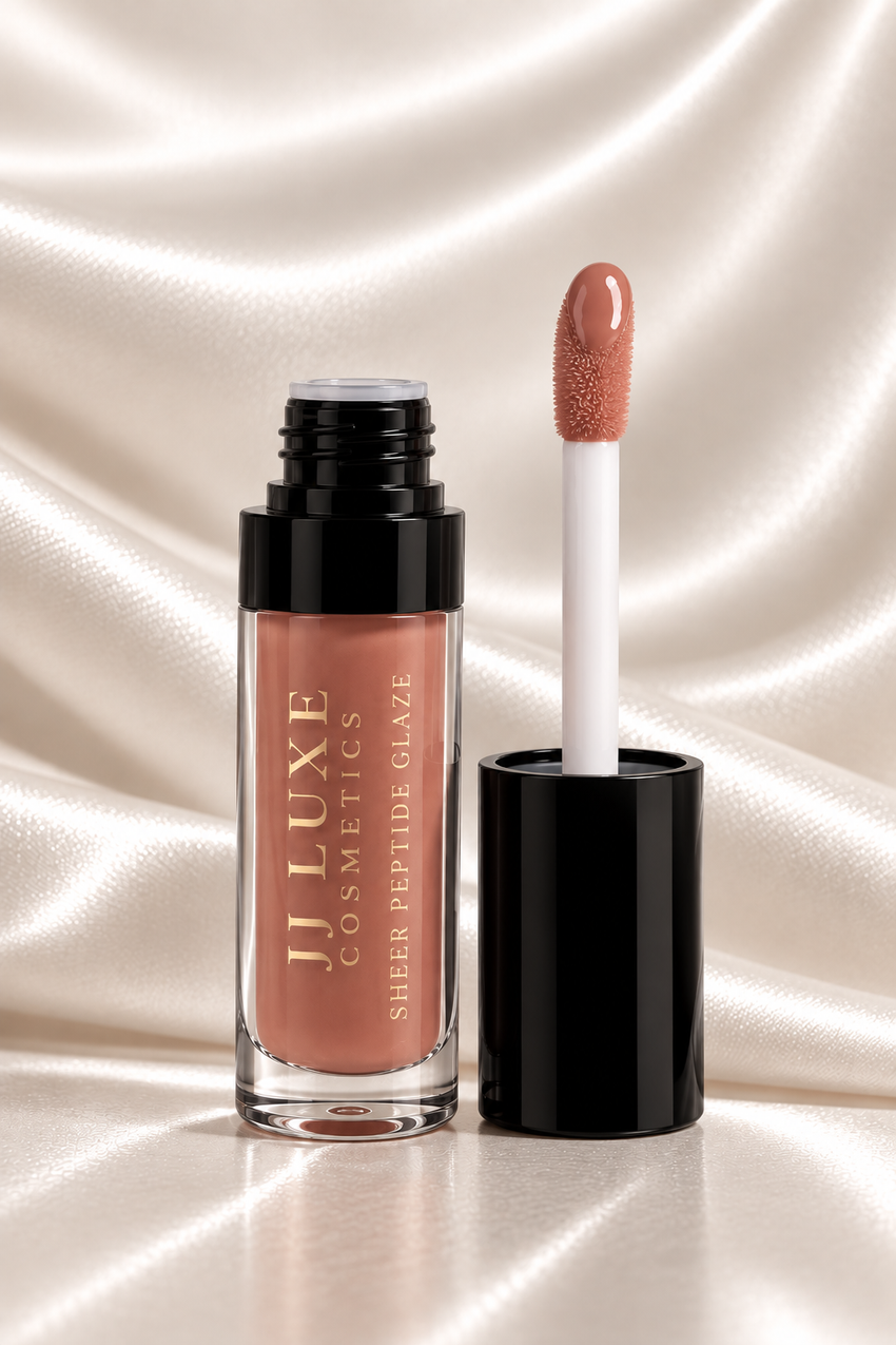 JJ Luxe Cosmetics Last Light Sheer Peptide Glaze open tube and doe-foot applicator detail