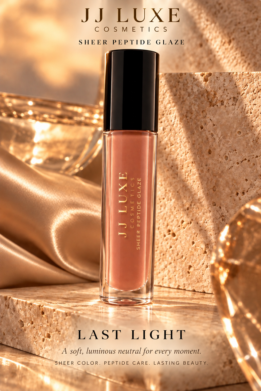 JJ Luxe Cosmetics Last Light Sheer Peptide Glaze in a warm travertine and champagne editorial setting