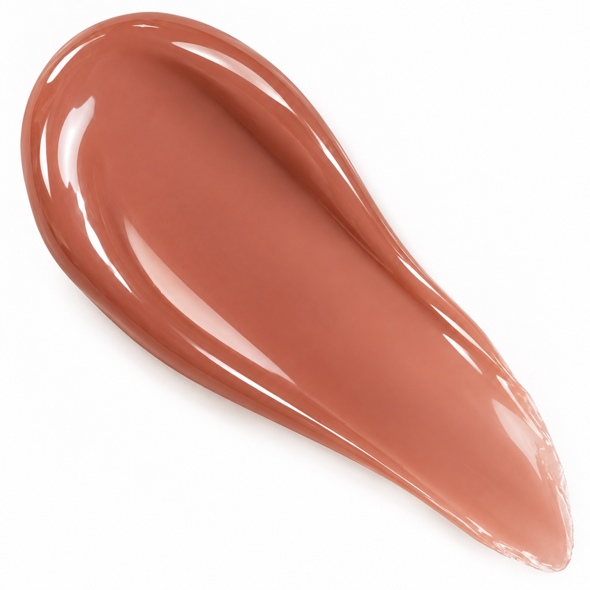 JJ Luxe Cosmetics Last Light Sheer Peptide Glaze warm nude glossy texture swatch