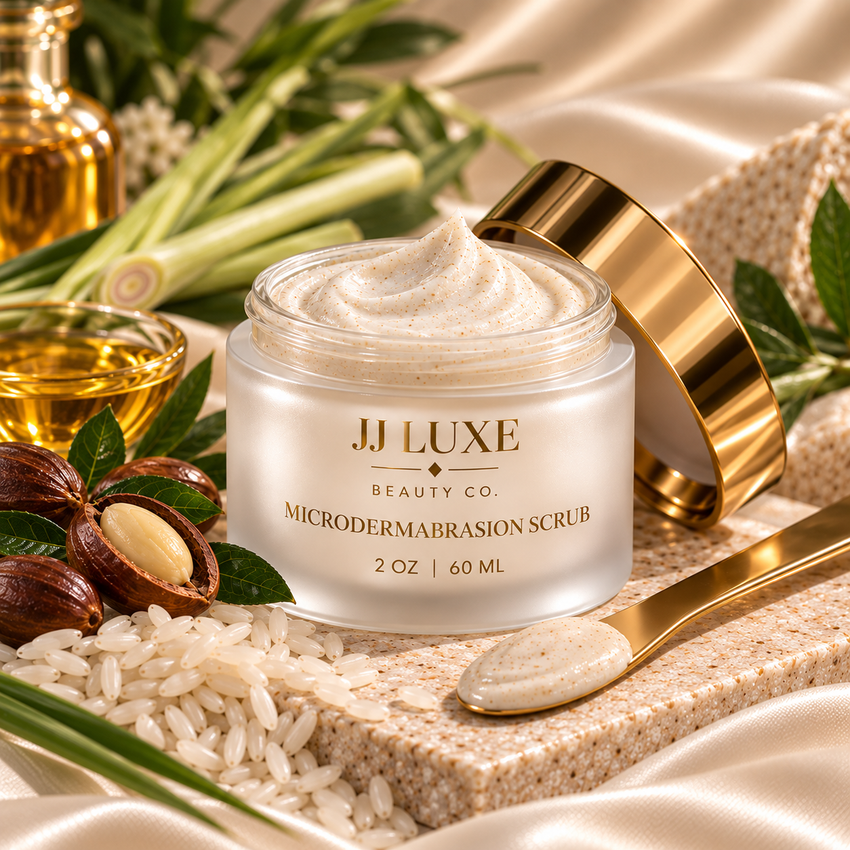 JJ Luxe Beauty Co. Microdermabrasion Scrub in a warm luxury editorial setting with reflective gold branding, off-white scrub texture, jojoba, rice and lemongrass botanicals