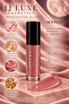 JJ Luxe Cosmetics Moonlit Sheer Peptide Glaze in blush pink with glossy swatch, peptides, squalane, camellia oil and vitamin E benefits on rose satin.