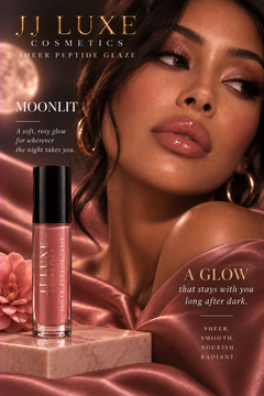 JJ Luxe Cosmetics Moonlit Sheer Peptide Glaze in a rose moonlit magazine editorial with glossy blush-pink lips, satin draping and the phrase A Glow That Stays With You Long After Dark.