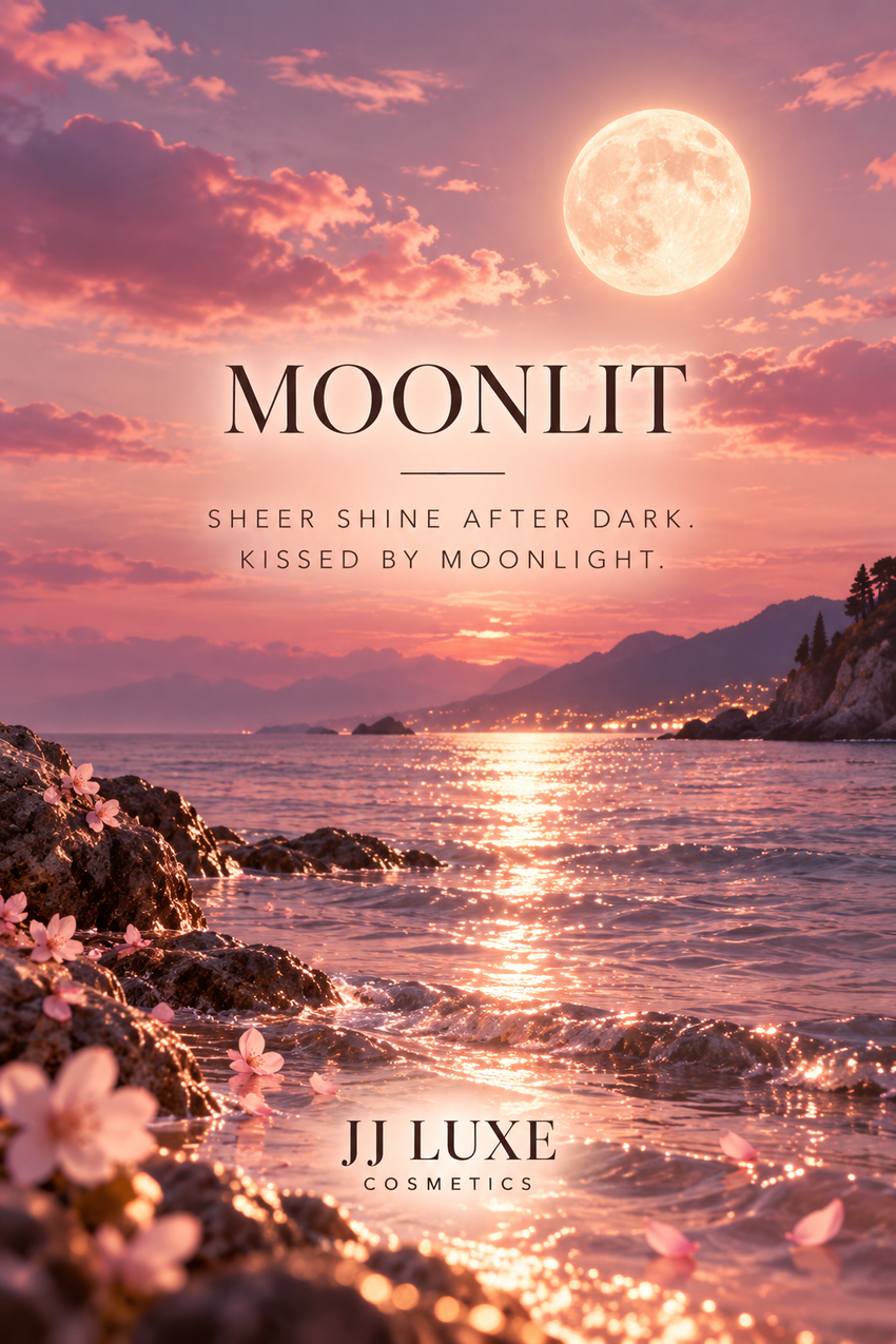 JJ Luxe Cosmetics Moonlit scenic closing image with a soft pink moonlit shoreline, shimmering water, glowing horizon, delicate blossoms, and Moonlit title.