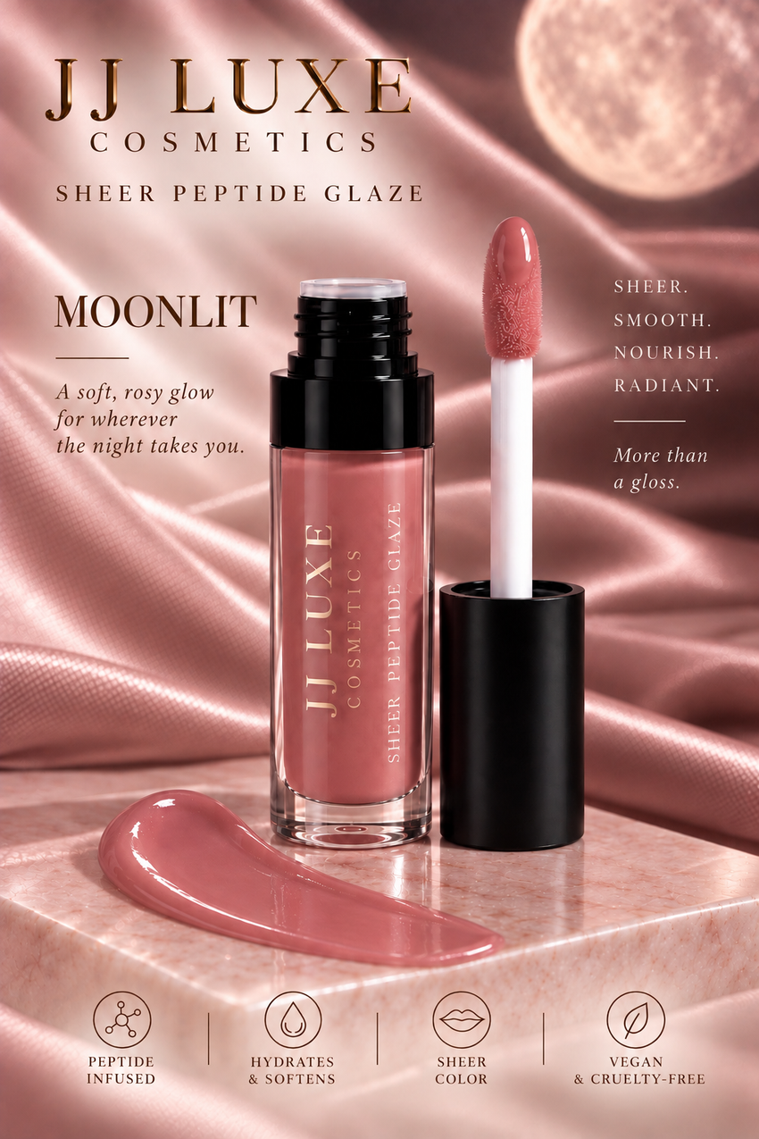 JJ Luxe Cosmetics Moonlit Sheer Peptide Glaze with blush-pink glossy swatch, doe-foot applicator, soft rose satin and peptide, hydration, sheer color, vegan and cruelty-free benefits