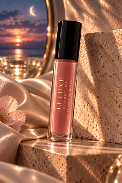 JJ Luxe Cosmetics Moonlit Sheer Peptide Glaze in blush pink styled with champagne satin, travertine and a soft twilight crescent moon