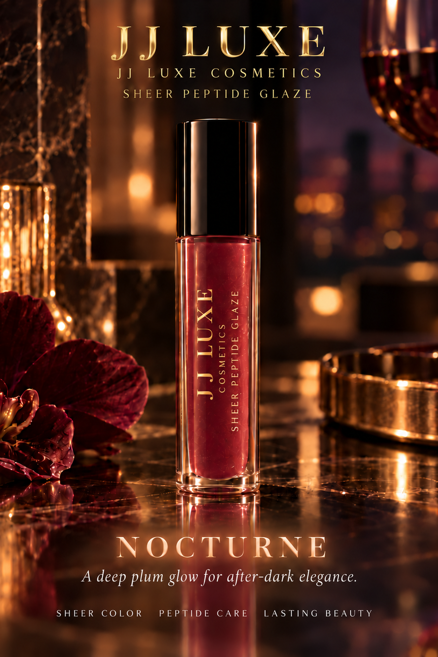 Nocturne sheer peptide lip glaze approved hero: deep plum shade, gold JJ Luxe Cosmetics tube lettering, moody evening background and soft name glow