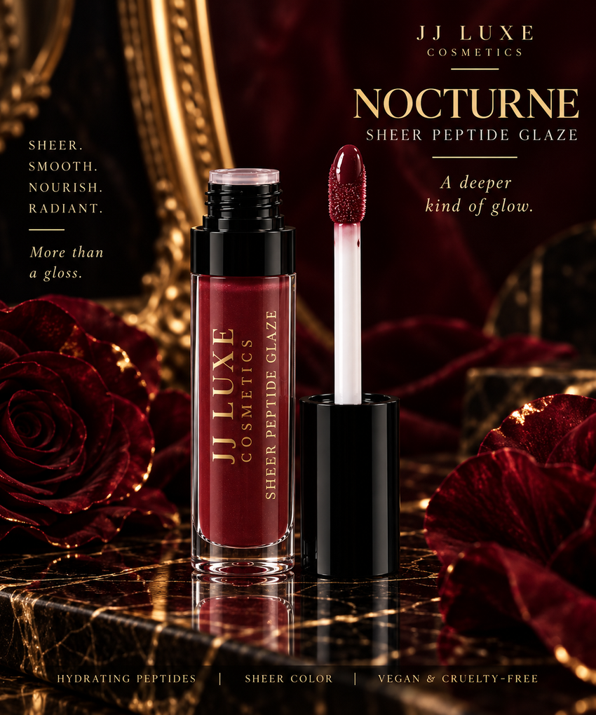 JJ Luxe Cosmetics Nocturne Sheer Peptide Glaze open on reflective burgundy-black marble with a white doe-foot applicator, deep wine-plum color, burgundy roses and ornate gold accents in a luxury closing editorial.