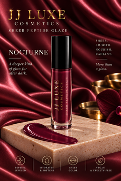 JJ Luxe Cosmetics Nocturne Sheer Peptide Glaze in deep burgundy wine-plum with glossy swatch, peptide-infused hydration and vegan cruelty-free benefits on burgundy satin.