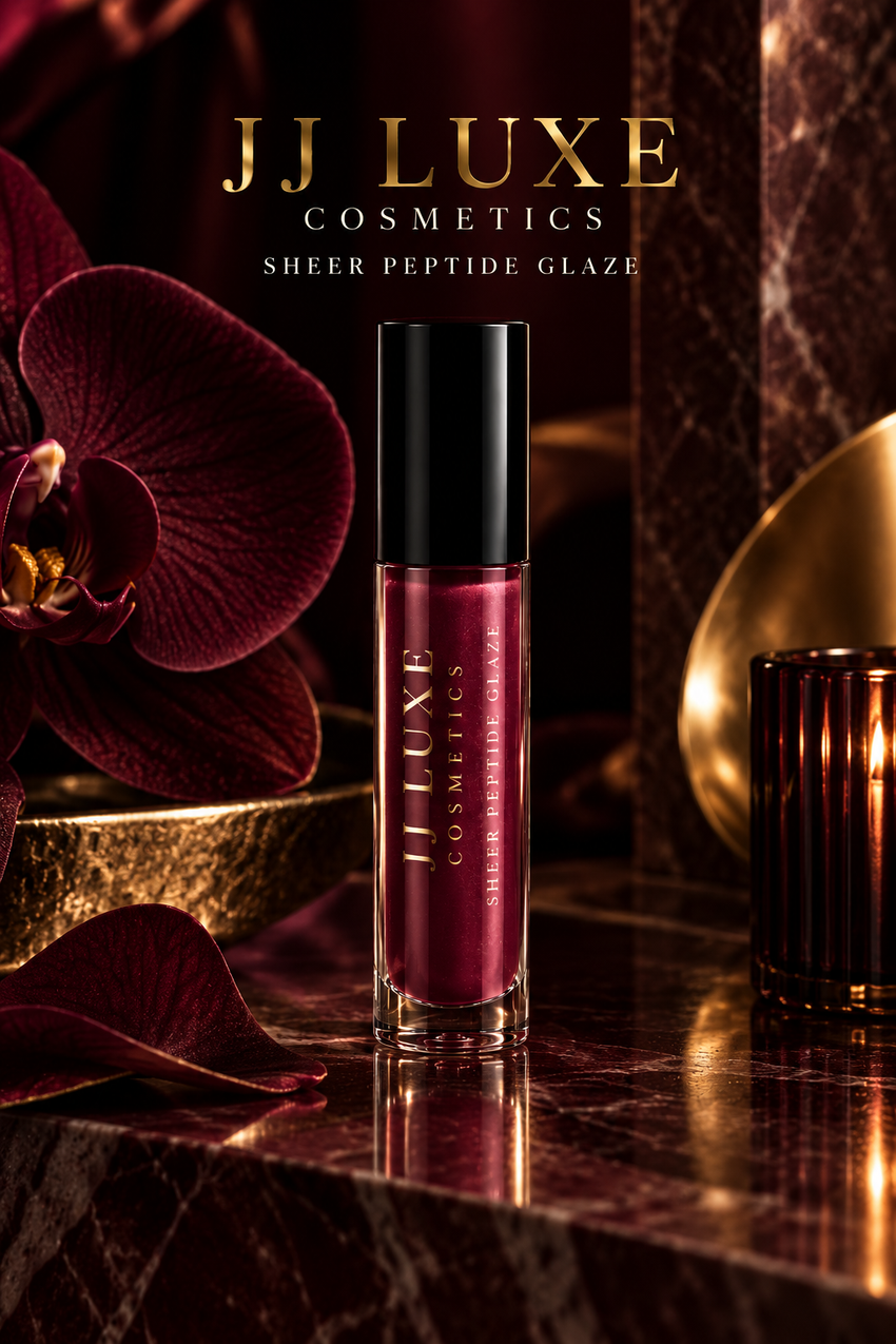 JJ Luxe Cosmetics Nocturne Sheer Peptide Glaze in deep burgundy wine-plum, styled with burgundy orchids, dark marble and warm gold accents in a moody luxury editorial setting.