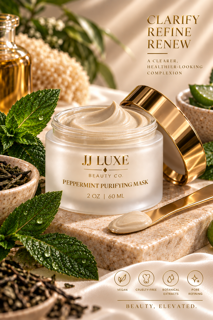 JJ Luxe Beauty Co. Peppermint Purifying Mask in a warm luxury editorial setting with smooth beige clay texture, gold lid and spatula, peppermint botanicals and pore-refining benefit icons