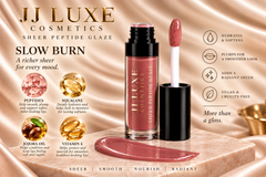 JJ Luxe Cosmetics Slow Burn Sheer Peptide Glaze formula editorial with peptides, squalane, jojoba oil and vitamin E, dusty rose swatch, open applicator and hydrating benefits