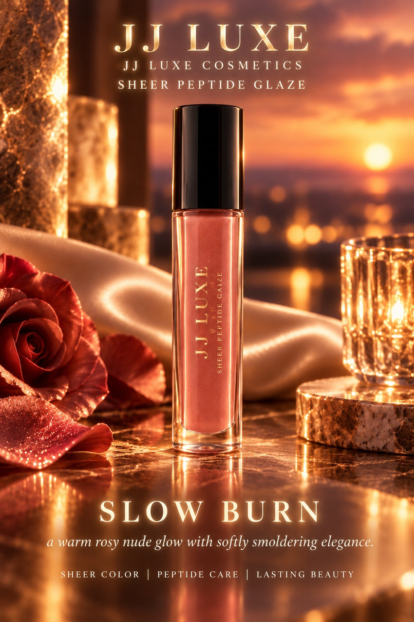 JJ Luxe Cosmetics Slow Burn sheer dusty rose peptide lip glaze in an atmospheric rosy sunset scene with rose petals, champagne satin, candlelit crystal and softly glowing campaign lettering.