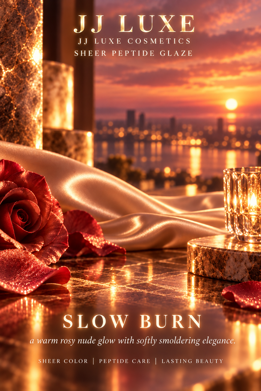 JJ Luxe Cosmetics Slow Burn scenic closing image with sunset over a softly lit coastal skyline, dusty rose flowers, candlelit crystal, champagne satin, warm marble, and Slow Burn title.