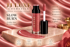 JJ Luxe Cosmetics Slow Burn Sheer Peptide Glaze benefits editorial with dusty rose swatch fully on stone, open applicator, peptide-infused hydration, sheer color, and vegan cruelty-free callouts
