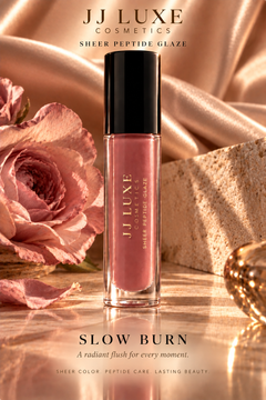 JJ Luxe Cosmetics Slow Burn Sheer Peptide Glaze in dusty rose with blush rose, champagne satin and warm golden-hour styling