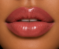 JJ Luxe Cosmetics Slow Burn Sheer Peptide Glaze on tan complexion lips in a glossy dusty rose-mauve shade