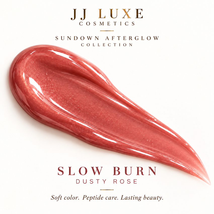 JJ Luxe Cosmetics Slow Burn Peptide Lip Glaze glossy dusty rose texture swatch on a clean white background with Sundown Afterglow branding.