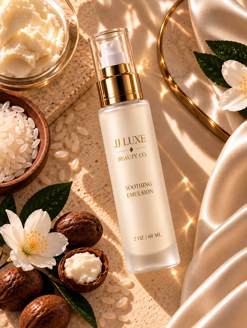 JJ Luxe Beauty Co. Soothing Emulsion 2 oz frosted pump bottle with reflective gold branding, rice ferment, shea butter, white blossoms and champagne satin editorial setting